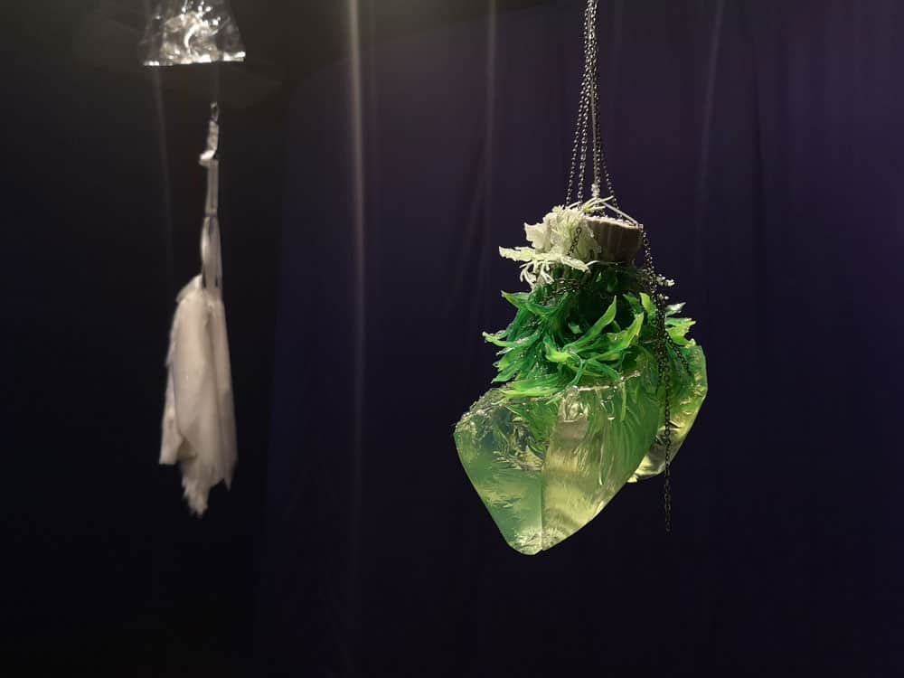 Hung at eye-level, these ambiguous objects cobbled together from ornamental aquatic plants, metal chains and resin moulded from plastic bags are highly textured and invite speculation as to their identities, meaning and purpose.