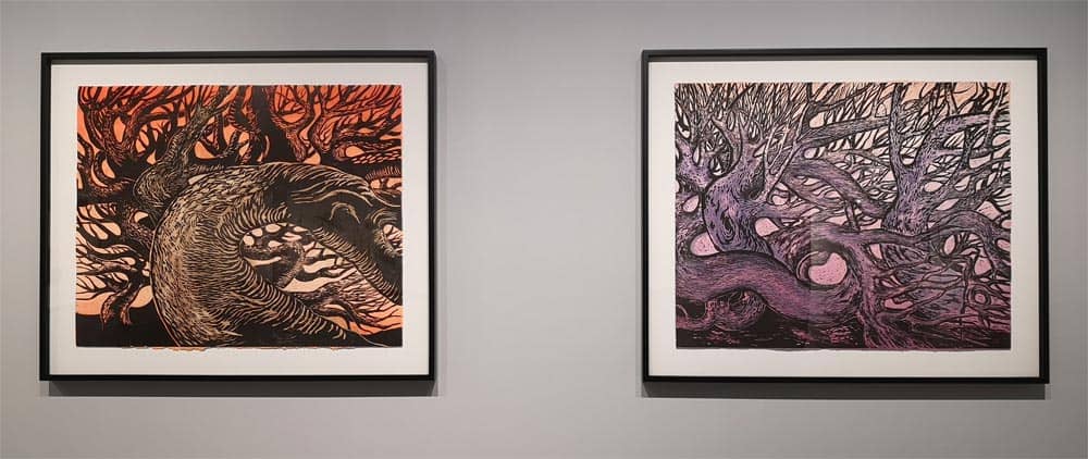Han Sai Por’s Rooted 4, 2013 (left) and Nestles 4, 2013 (right), a comparatively more formidable sight than the pale biomorphic sculptures of her Flora series.
