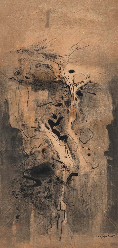 Abstract Landscape (1967). Chinese ink and colour on paper, 93.5 x 44.5 cm. Artwork by Cheong Soo Pieng