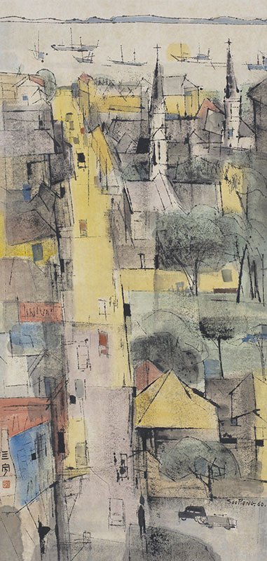 Aerial View of Bras Basah Road to the Sea (1960). Chinese ink and colour on paper, 95 x 48 cm. Artwork by Cheong Soo Pieng