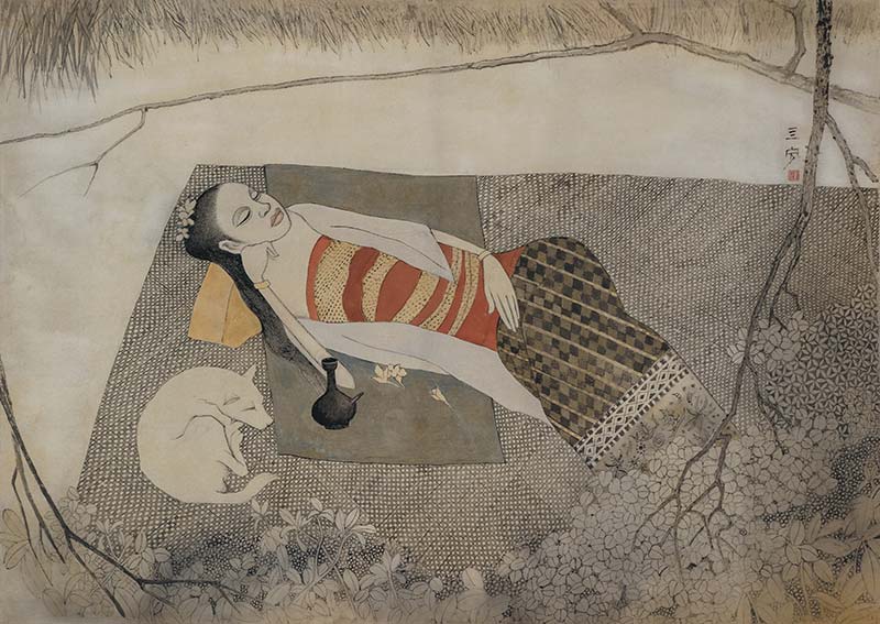 Resting (c. 1979-83). Chinese ink and colour on silk, 68 x 95 cm.
Artwork by Cheong Soo Pieng.