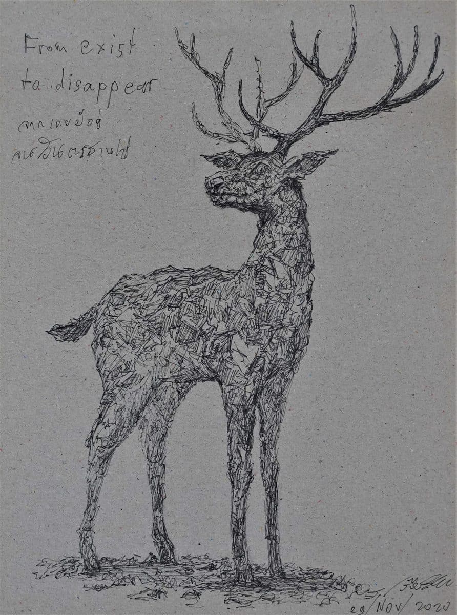 Schomburgk deer, 2021, waterproof ink on paper, 18x24 cm. Preparatory sketch for mixed media sculpture. Artwork by Ruangsak Anuwatwimon 