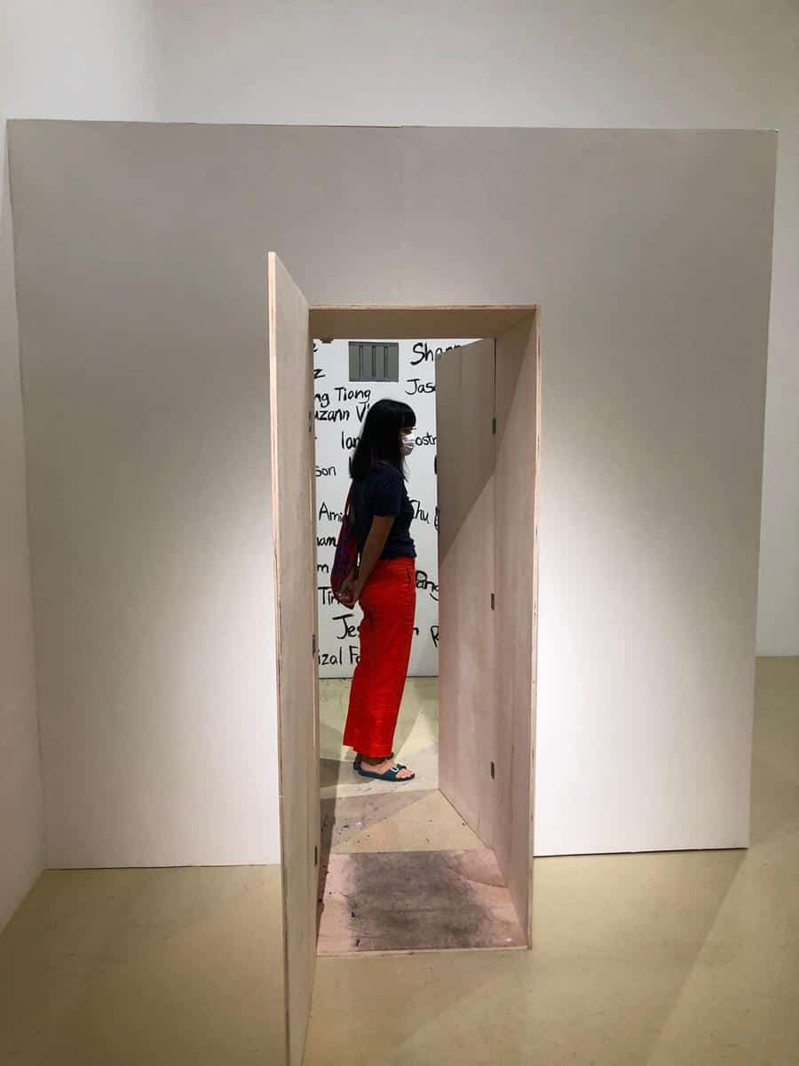 Eve Tan’s A.G.A , 2021  is a Narnia- like secret wardrobe made in the dimensions of a 3- man prison cell in Singapore.