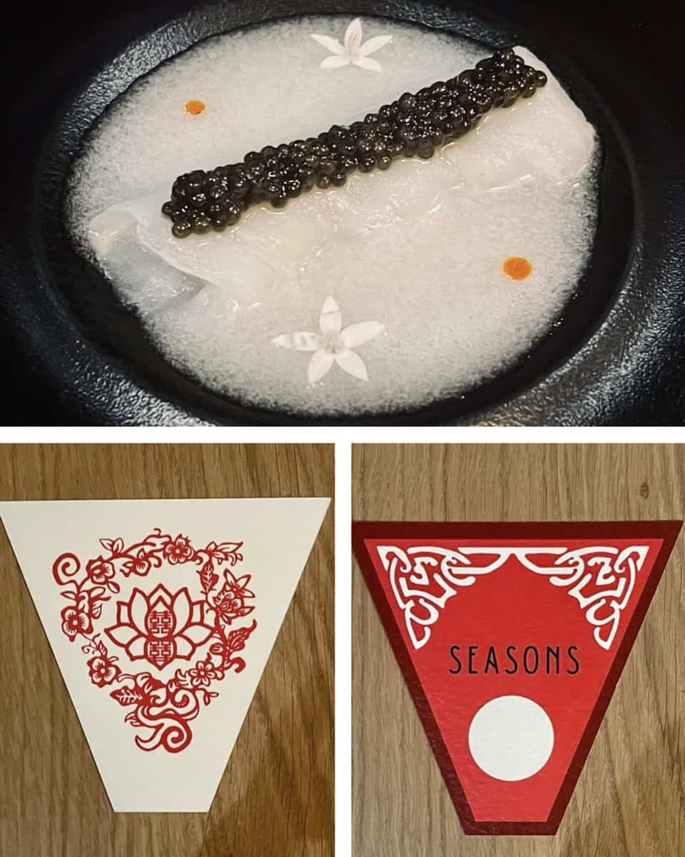 Korean turbot sashimi with makgeolli dashi dressing, caviar and chilli oil, and its accompanying menu card