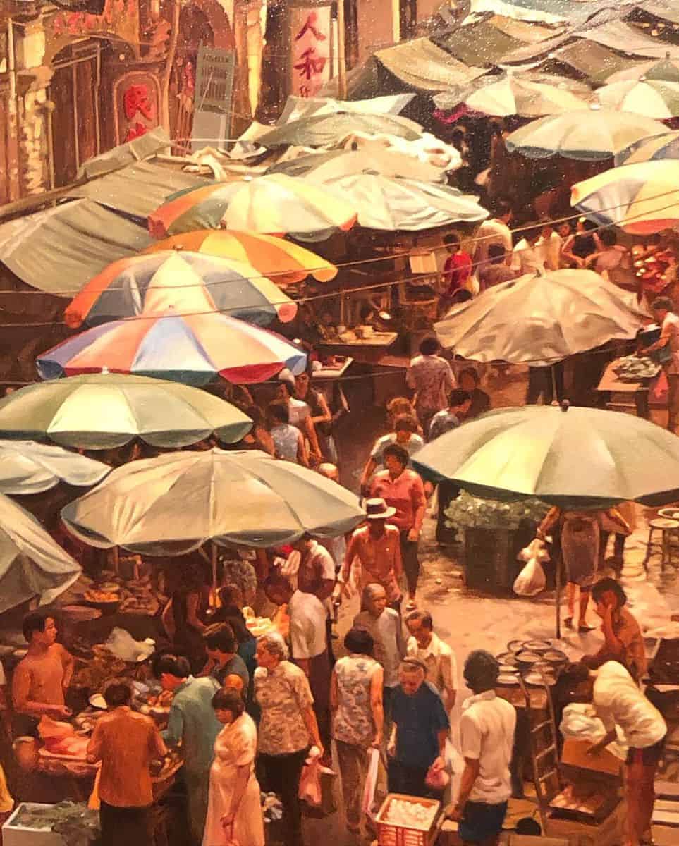 Chua Mia Tee painting featuring street vendors and patrons along the streets of Chinatown in the past