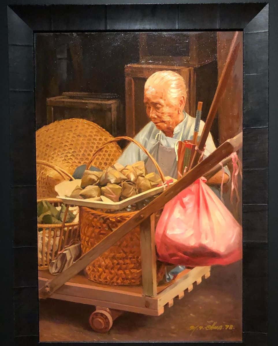 Chua Mia Tee painting of a dumpling street vendor witjh her pushcart
