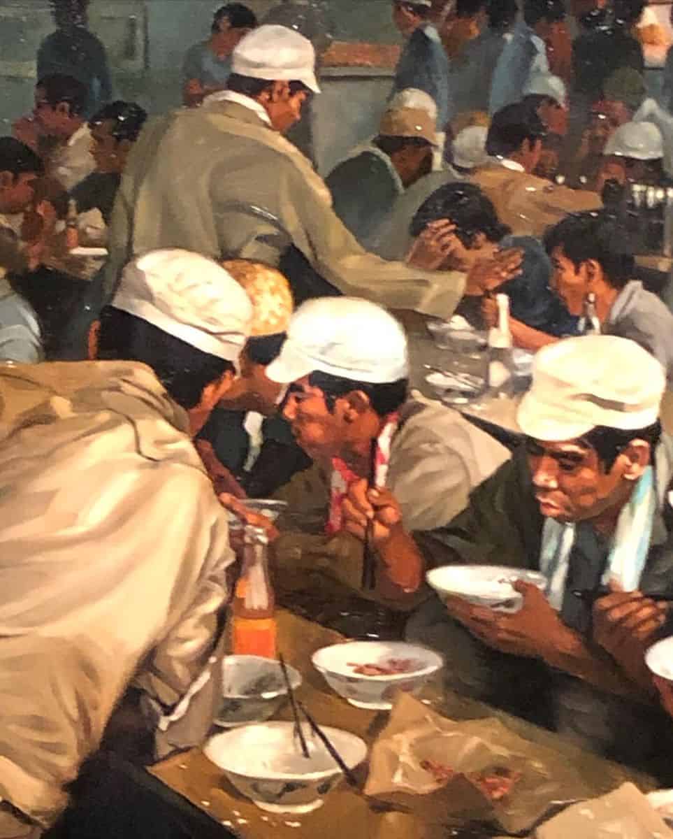 Chua Mia Tee painting showing Jurong Shipyard workers in a canteen :