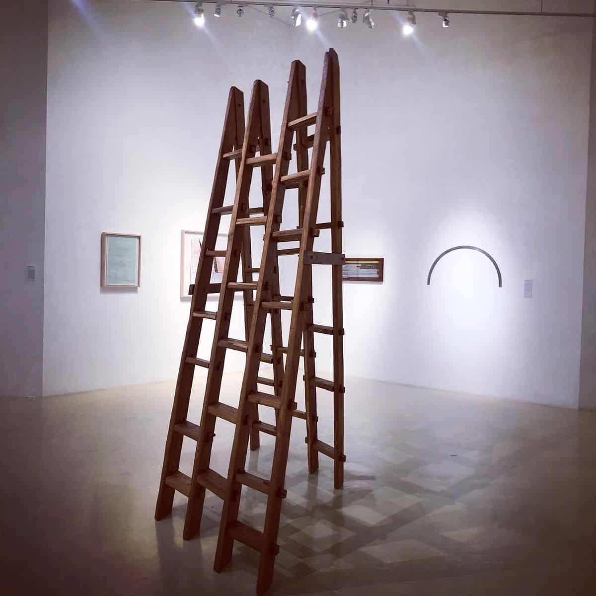 Featuring 2 ladders placed in a way that challenges perception