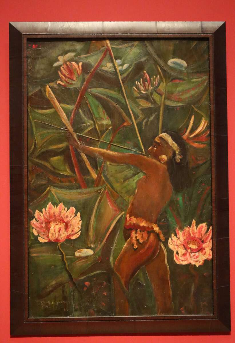 Emiria Sunassa, Bahaya Belakang Kembang Terate (Danger Lurking Behind The Lotus), c. 1941–1946. Oil on board. 89.2 x 58.6 cm. Collection of National Gallery Singapore.