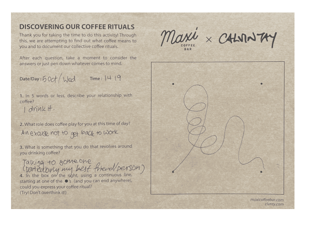 Discovering our coffee rituals questionnaire. Image courtesy of Calvin Tay.