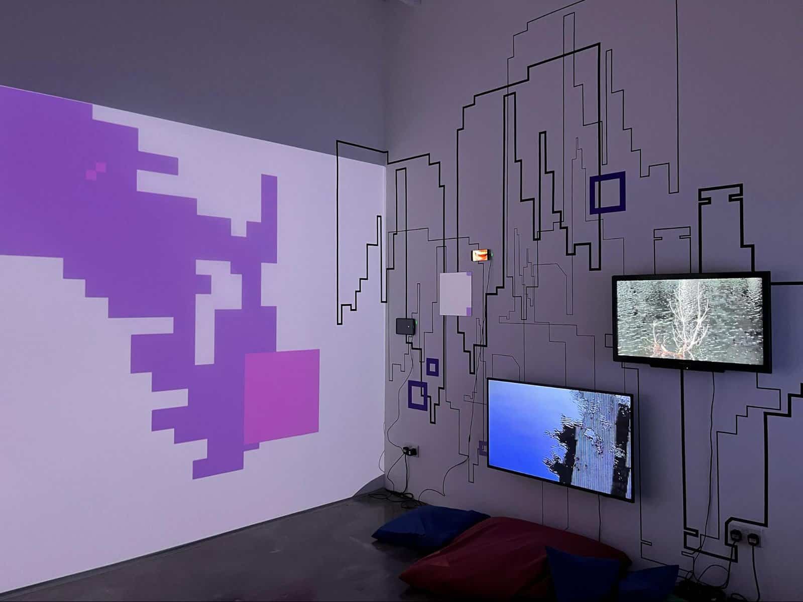 Installation view of Pixel Paradise featuring Pixel River (2023) by Sebastian Mary Tay and Merryn Trevethan. Image credit: Merryn Trevethan.