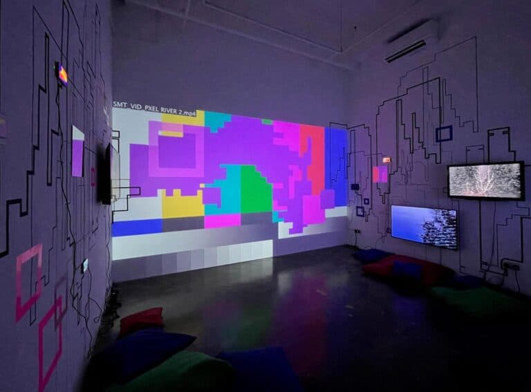 Installation view of Pixel River (2023) (centre) by Sebastian Mary Tay and Merryn Trevethan. Image credit: Merryn Trevethan.