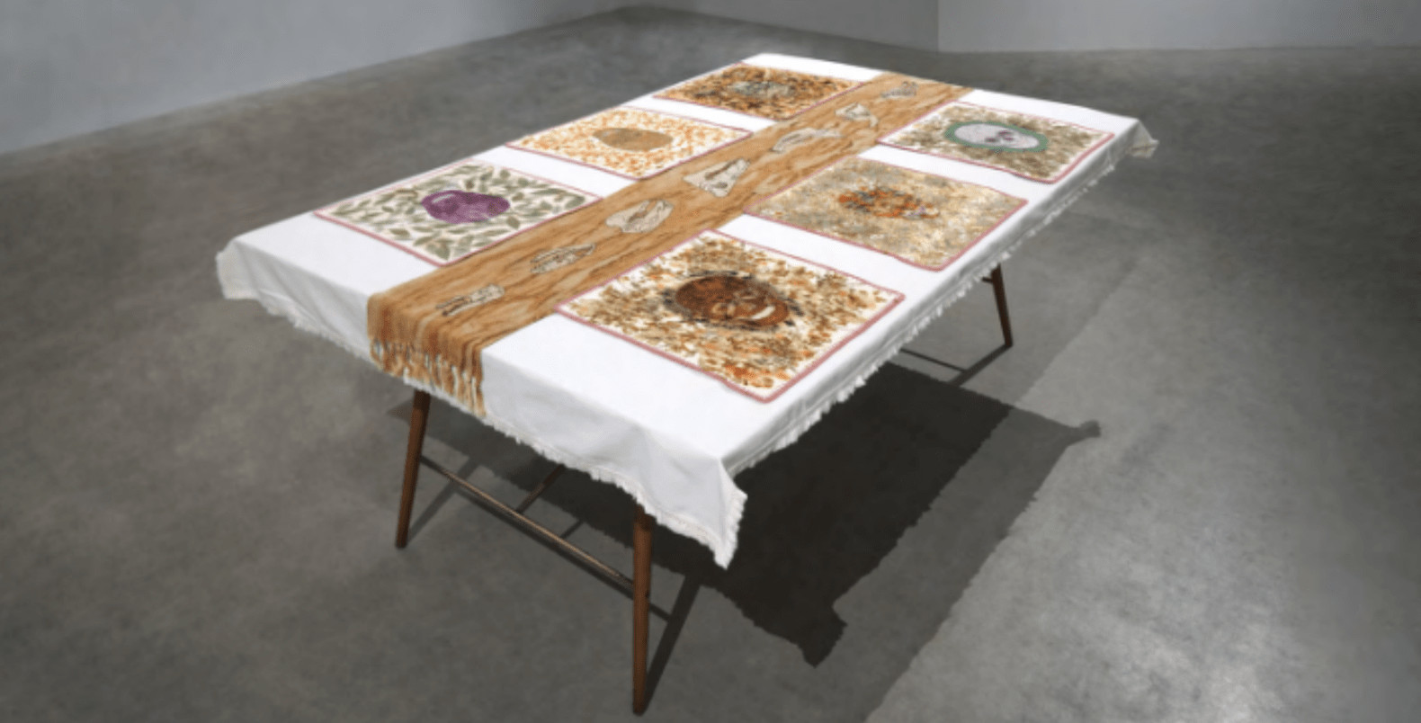 Geraldine Javier, Food, 2023. Preserved Leaves, Imitation Gold-Leaf, Threads, Rust, on Mono-Printed Fabric